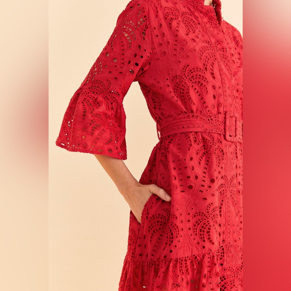 Farm Rio Red Palm Tree Mini Dress Eyelet Belted Size L NWT - Picture 8 of 15